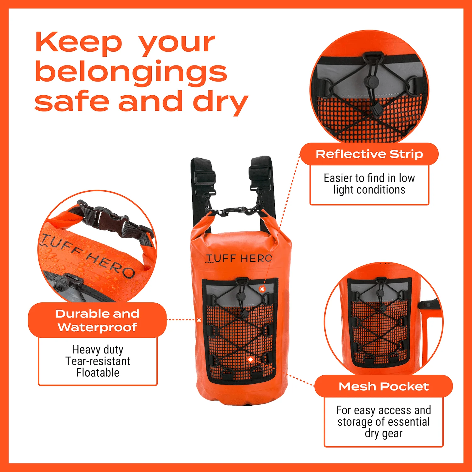 Waterproof Dry Bag Backpack with Phone Pouch and Carrying Straps, 10, 20 Litres