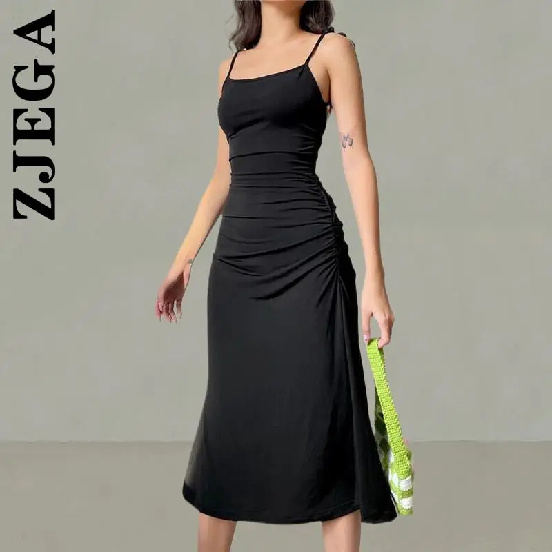 

Zjega New Women Dress Basic Fashion Strappy Ruched Sexy Black Dress Harajuku Outfits Cheap Soft Female Vestidos Dress Woman