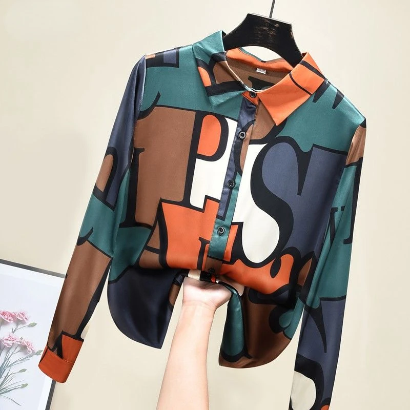

2023 Women's Spring Summer Y2K Style Shirt Abstract Printing Blouse for Female Long Sleeve Turn Down Collar Clothing for Female