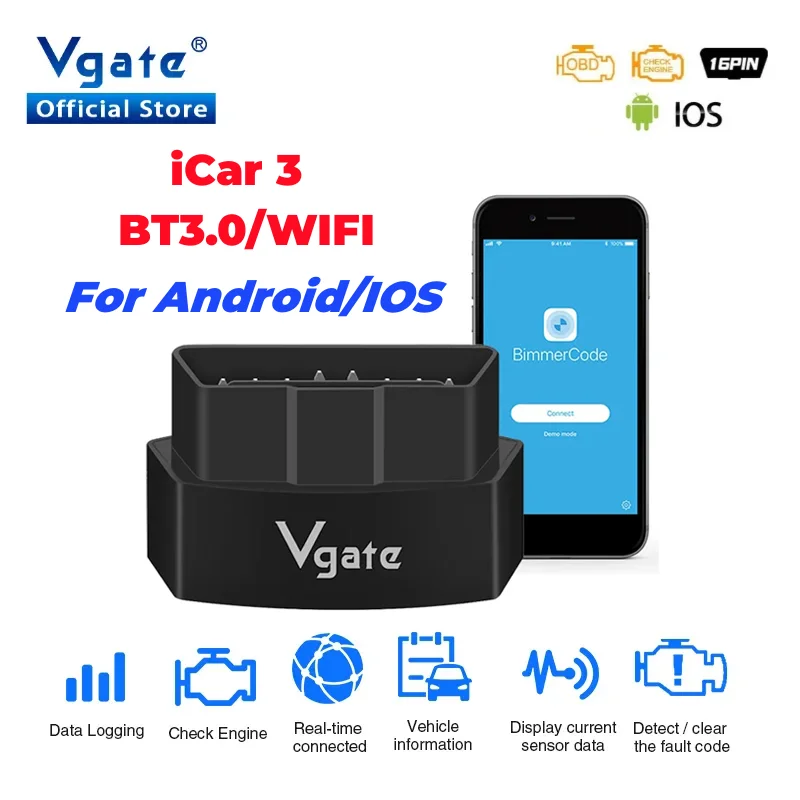 Автомобильный диагностический сканер Vgate iCar3 ELM327 с Wi-Fi для Android/IOS ODB2, Bluetooth ELM 327 V2.1 OBD2 OBD 2, считыватель кодов, автоматический сканер