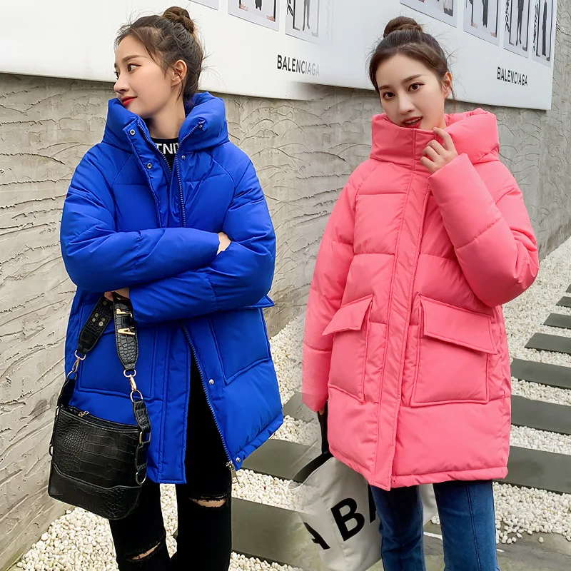 Autumn Winter Medium Long Parka for Women Casual Street Fashion Solid Coat Loose Warm Hooded Cotton Jacket Outwear