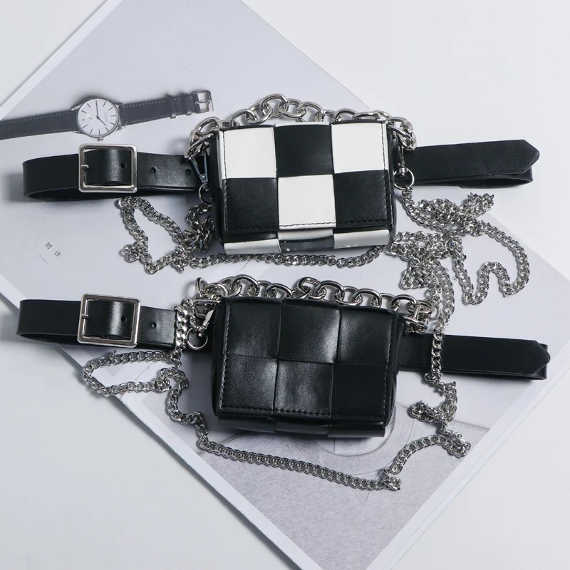 

Woven PU Leather Waist Packs for Women Adjustable PU Waist Belt with Mini Square Bag Long Chain Shoulder Bag Wide Chain Handbag