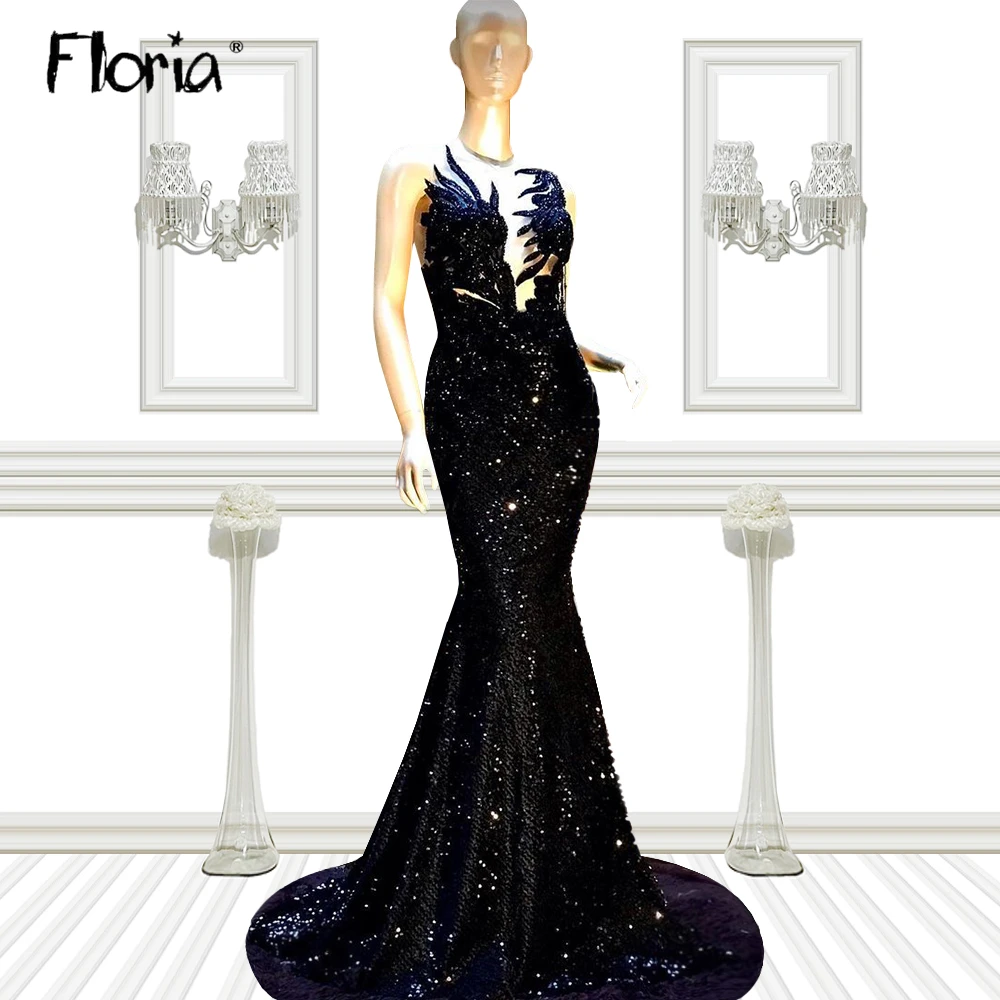 

Floria Black Long Mermaid Prom Gowns 2022 Arabic Beaded Sequins Evening Dresses Sexy Sleeveless Party Dress Aso Ebi