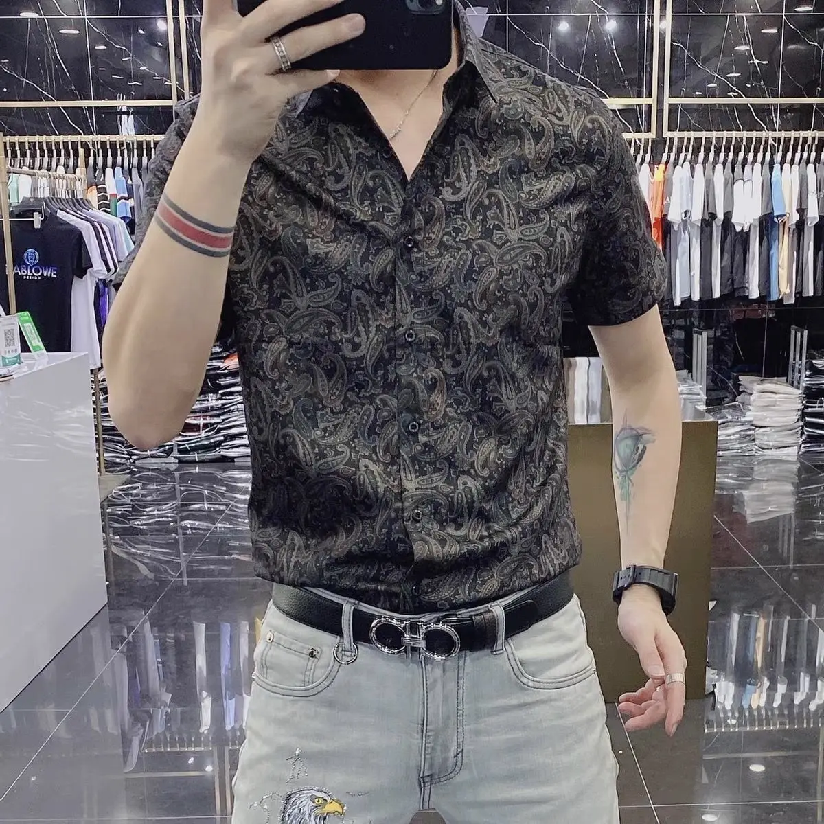 Men's Clothing Spring/Summer Korean Men's Fashion Personality Printed Shirt Slim Fit Lapel Long Sleeve Floral Shirt Clothes Men