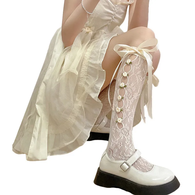 

Женские длинные носки в стиле "Лолита", носки выше икры, милые летние кружевные ажурные атласные чулки до колена с цветочным принтом и бантом