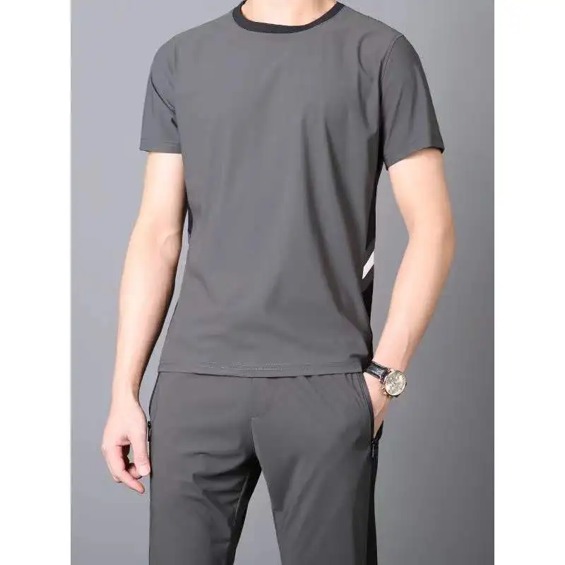 Summer Men's Casual Sports Set Ultrathin Quick Dried Ice Silk Top T-shirt+Pants Thin Casual Sports Men's Set