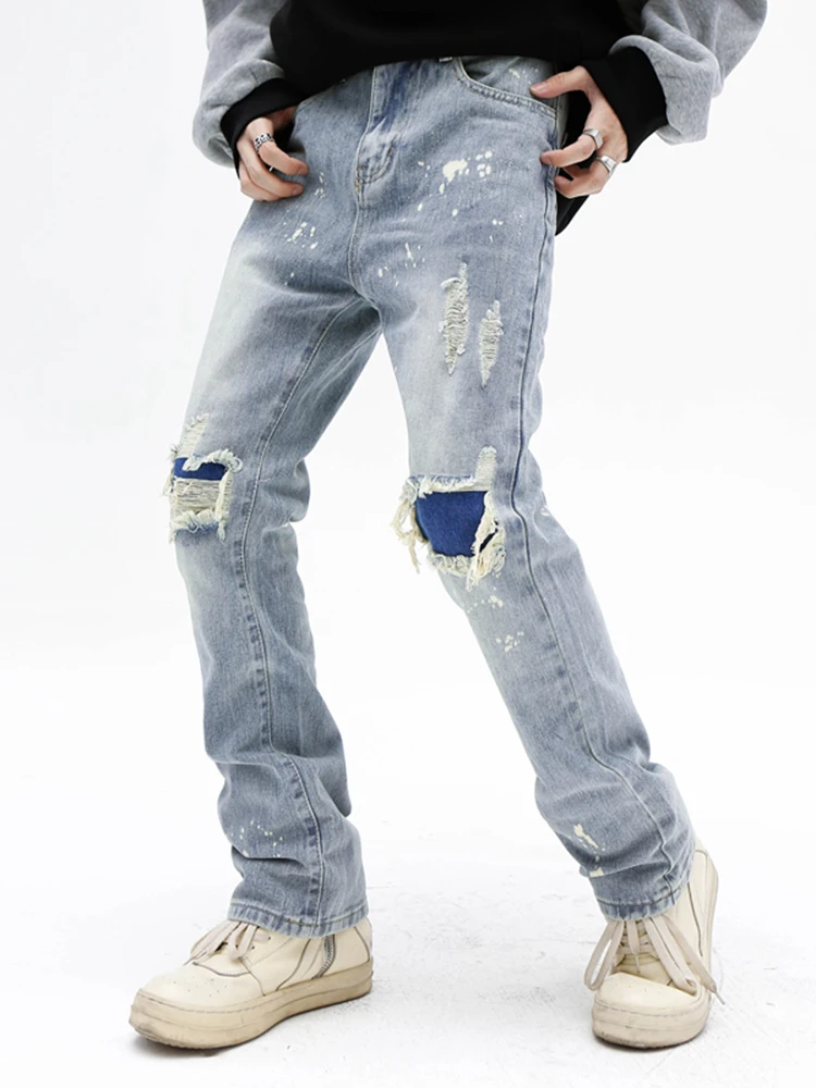 Men's Knee with Hole Denim Trousers Punk Men's Pencil Jeans Light -colored Casual Trousers Tide Brand Men Street Clothing JEANS
