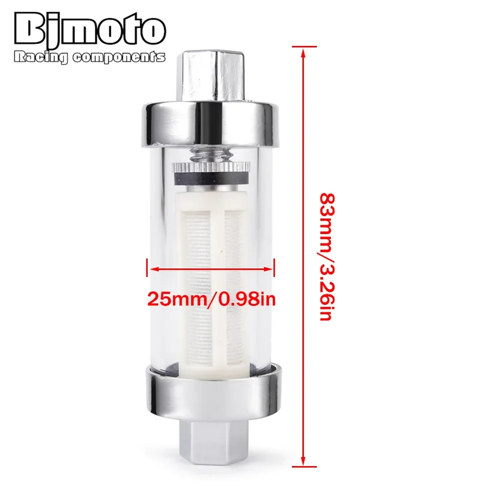 

Универсальный хромированный топливный фильтр 6 мм, 8 мм, 10 мм из настоящего стекла, переочищаемый, встроенный, длинный, короткий, 1/4 дюйма; 5/16 дюйма; 3/8 дюйма