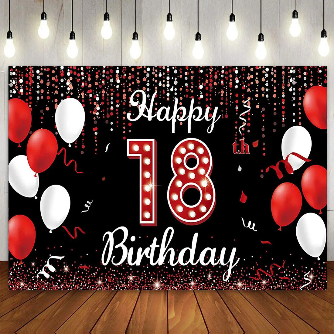 

Happy 18th Birthday Party Decor Backdrop Banner 18 Years Old Red Black Balloon Glitter Dripping Photography Background for Girls