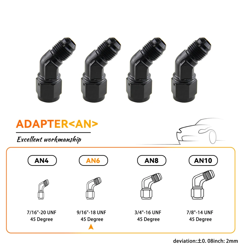 4PCS AN6 Female to 6AN Male 45 Degree Flare Swivel Hose Fitting Adapter Black