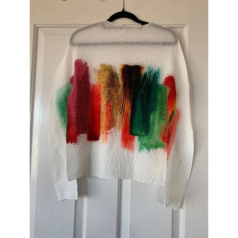 

Miyake Original Pleated Painting T-shirt Color Blocking Round Neck Long-sleeved Spring Summer Stitch Women Clothing Graphic