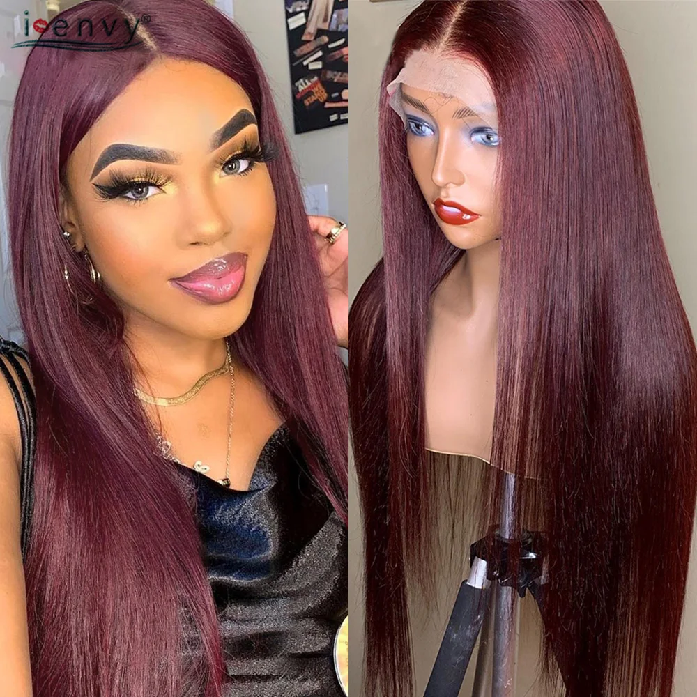 

Burgundy Straight Human Hair Wigs 13X4X4 Lace Frontal Hd Transparent Lace Wigs Colored 99J Red Brazilian Lace Front Wigs Remy