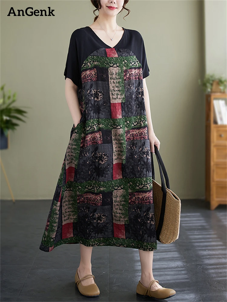 

Женское Хлопковое платье с винтажным принтом, повседневное Свободное длинное модное платье в Корейском стиле, элегантная одежда, лето 2023