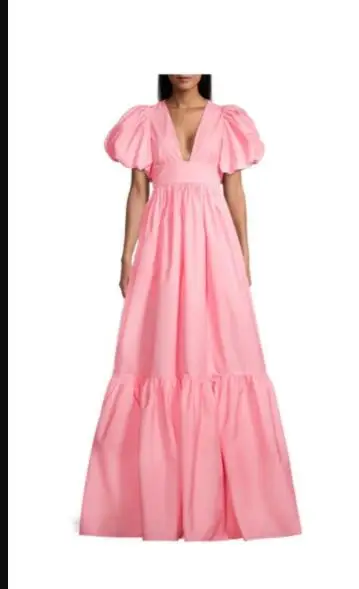 

Verngo Pink A Line Satin Prom Dresses V Neck Puff Short Sleeves Floor Length Evening Gowns Vintage Women Formal Party Dress