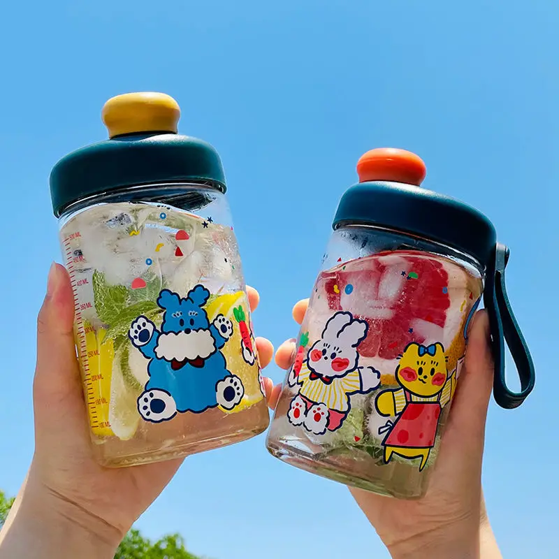 

600ml Scale Mark Glass Water Bottle with Drinking Straw Potable Outdoor Kawaii Water Bottle Tea Cup Cute Glass Cup Drinkware