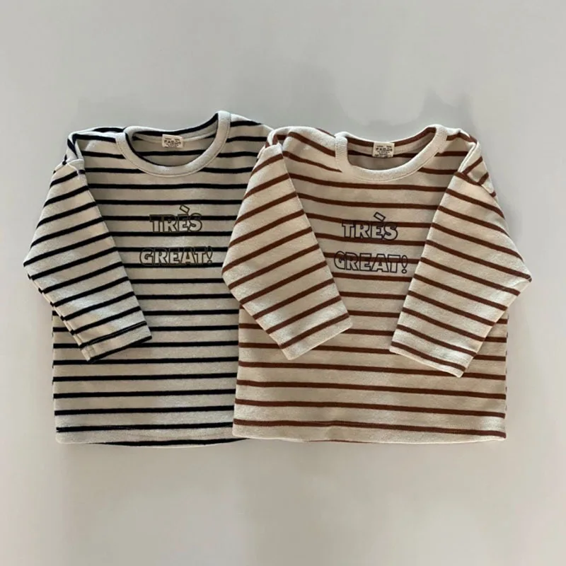 

Хлопковая футболка в полоску для малышей, модная футболка с длинным рукавом и буквенным принтом для маленьких мальчиков и девочек, детская ...
