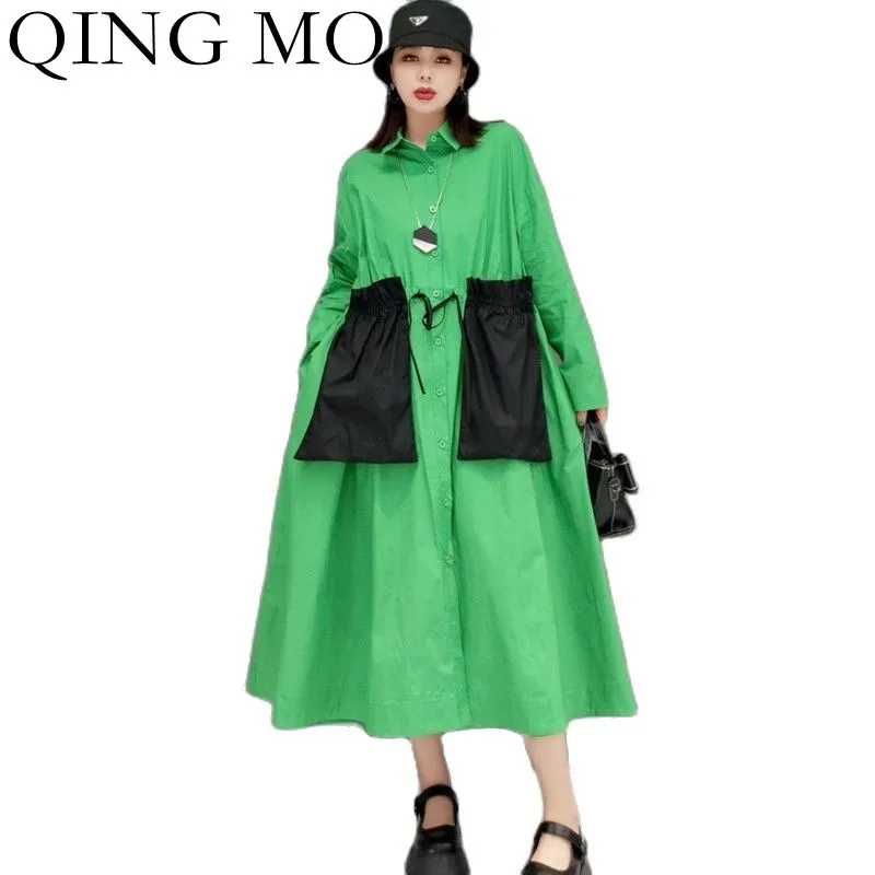 

QING MO 2022 Spring New Lapel Long-sleeved Shirt Dress Women Fashion Stitching Big Pocket Loose Casual Dress Green Black ZWL2237