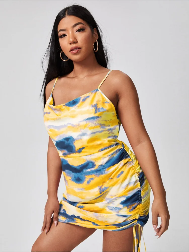 Spot fat mm temperament commuting waist strap type short skirt yellow tie-dye printed strap dress plus size summer dresses