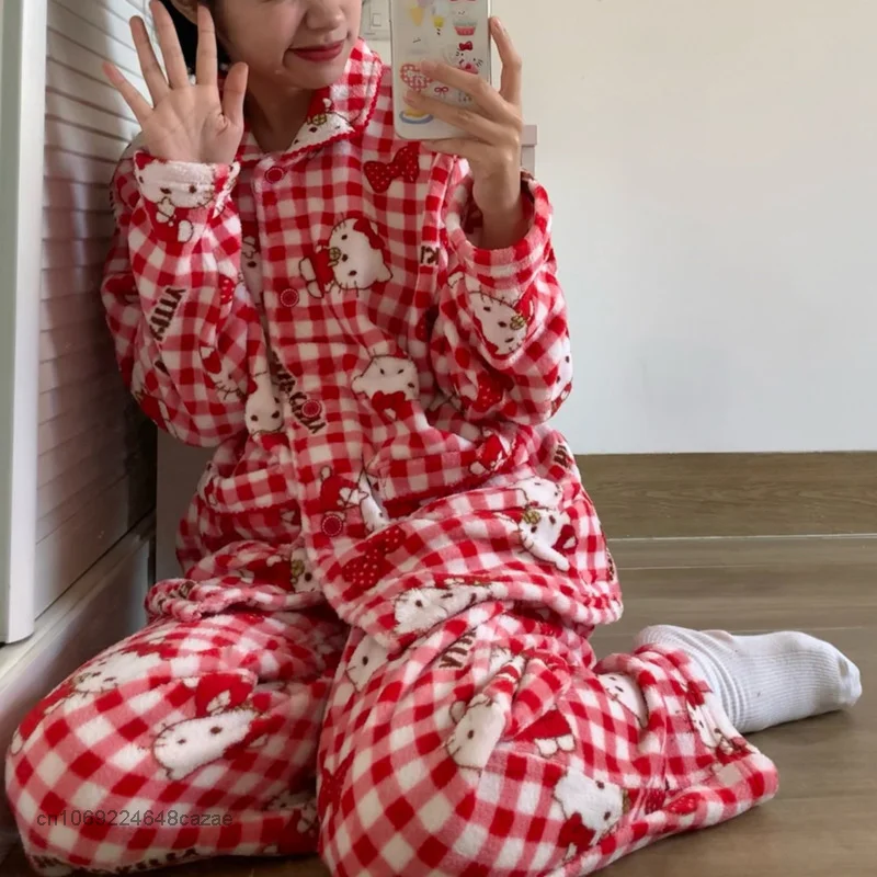 Sanrio Hello Kitty New Red Plaid Home Clothes Y2k Fashion Cardigan Tops Pants Plush Pajamas Suit Women Sleepwear 2 Piece Sets