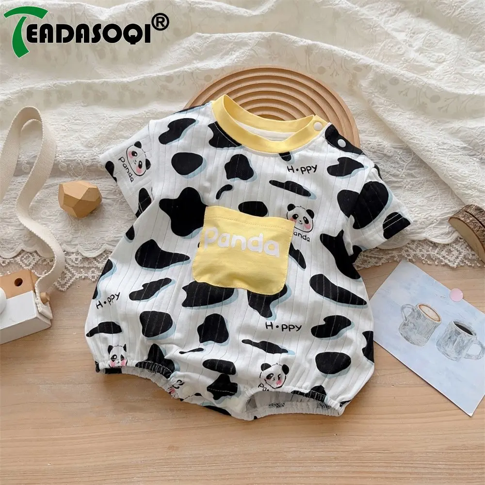 

2023 Bodysuits Summer New In Newborn Baby Boys Girls Short Sleeve Cow Pattern Panda One-piece Infant Kids Cotton Overall Toddler