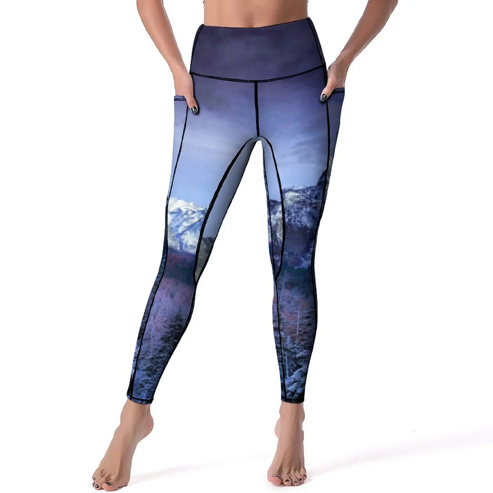 

Violet Mountain Yoga Pants With Pockets Clouds Print Leggings Sexy Kawaii Yoga Sports Tights Stretchy Graphic Fitness Leggins