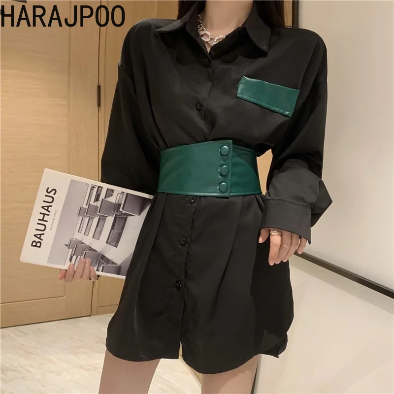 

Блузка Harajpoo Женская с длинным рукавом, уличная одежда в стиле Simplee, свободная Однотонная рубашка средней длины с поясом, с лацканами, весна-о...