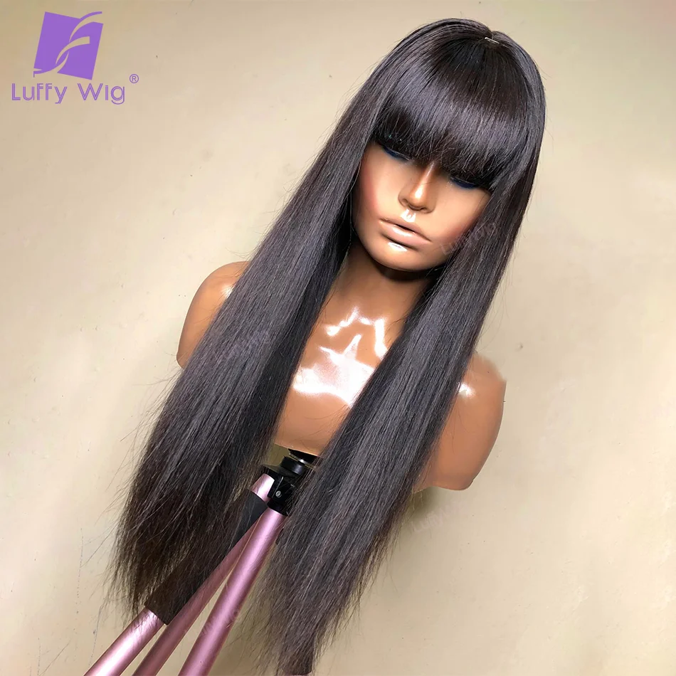 Straight Hair With Bangs Wig Full Machine Made Human Hair Wig Long Straight Remy Brazilian O Scalp Top Fringe Wig For Women