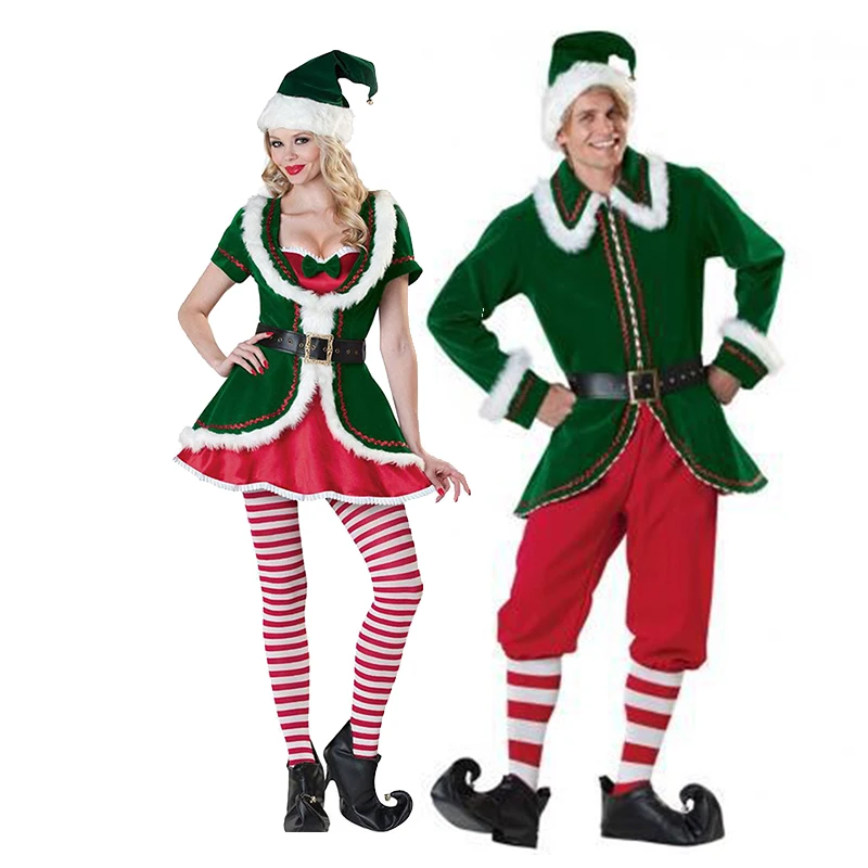 

Deluxe Adult Christmas Santa Claus Costume Green Xmas Elf Couple Cosplay Carnival Macot Party Fancy Dress