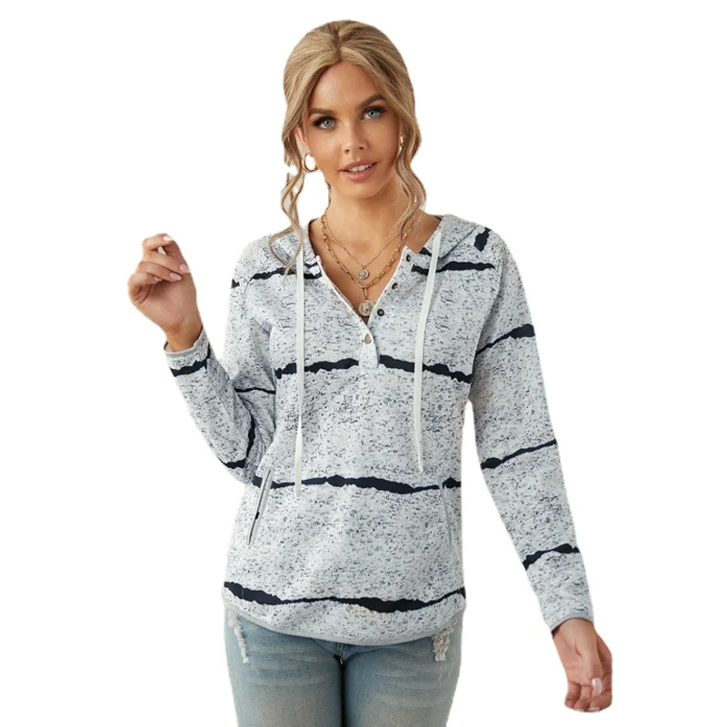 

Осень 2021, свитер в европейскую и американскую полоску с капюшоном, Женский Повседневный Свободный пуловер с перекрестными краями, топ с дли...