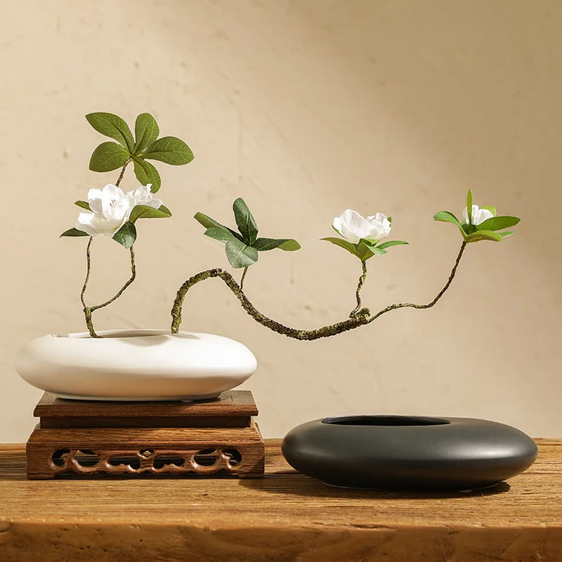 

Japanese Zen Creative fFat Oval Vase Flower Art Set Tea Room Living Room Soft Decoration Ornaments