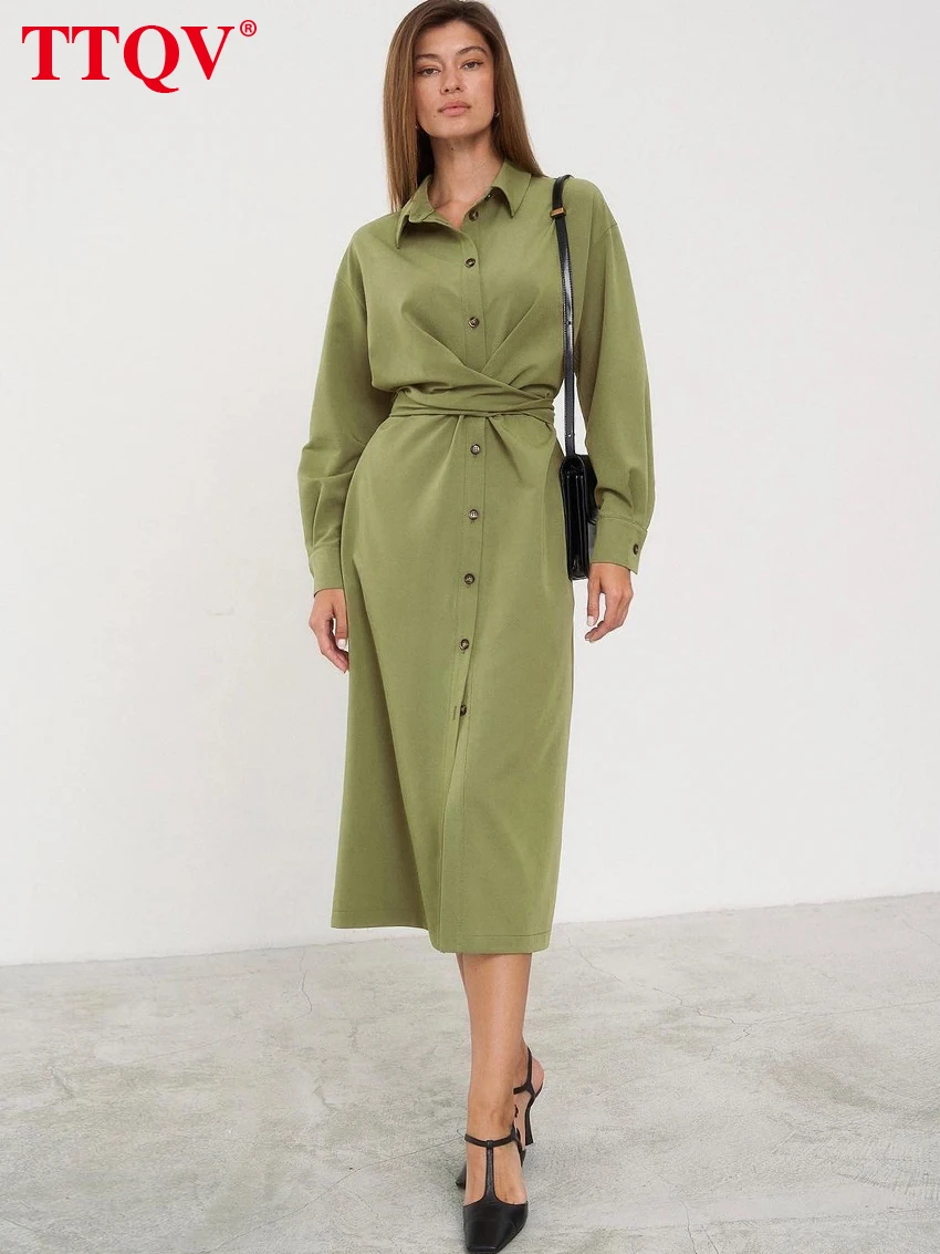 

TTQV Elegant Lapel Green Dresses For Women 2023 Autumn Long Sleeve Lace-up Dresses Fashion Single-breasted Midi Dress Streetwear