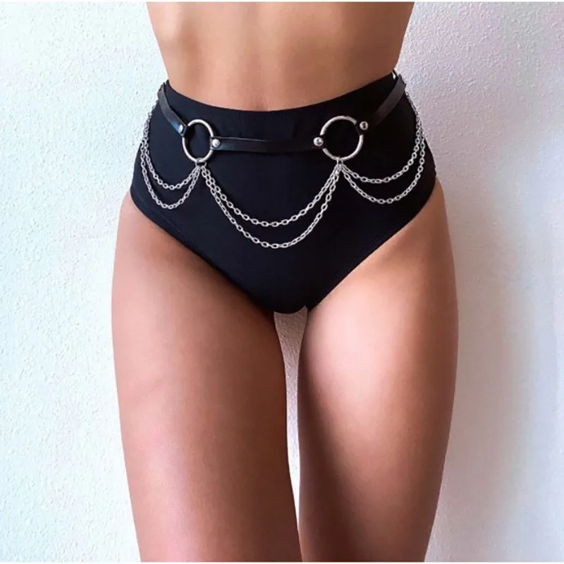 

New Punk Layered Black Waist Chain Leather Belly Body Chain Body Jewelry Women's and Girls' Accessories