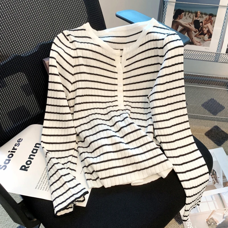 

New 2023 Sweater Women Soft Stretchy Striped Knit Jumper Pullover Single-breasted Female Spring Autumn Knitwear Under Shirt