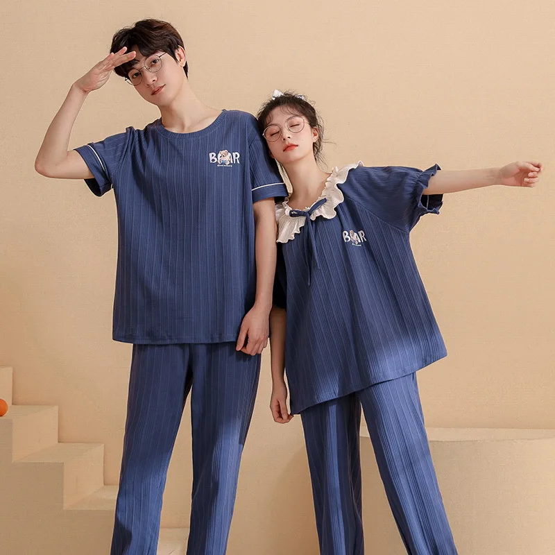 New Short Sleeve Sleepwear Couple Men and Women Matching Home Set Cotton Pjs Prints Leisure Nightwear Pajamas for Summer