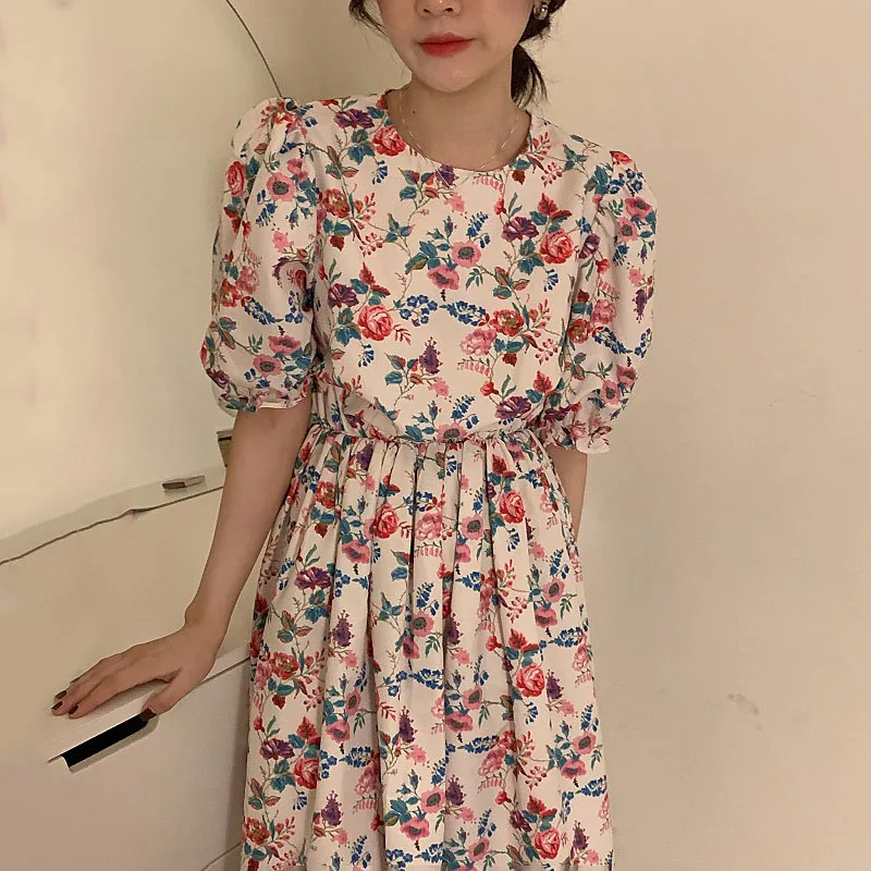 

Women Sweet Floral Dress Summer New Style O Neck Short Sleeve High Waist Korean Style Cute Midi Dresses Vestido QA824