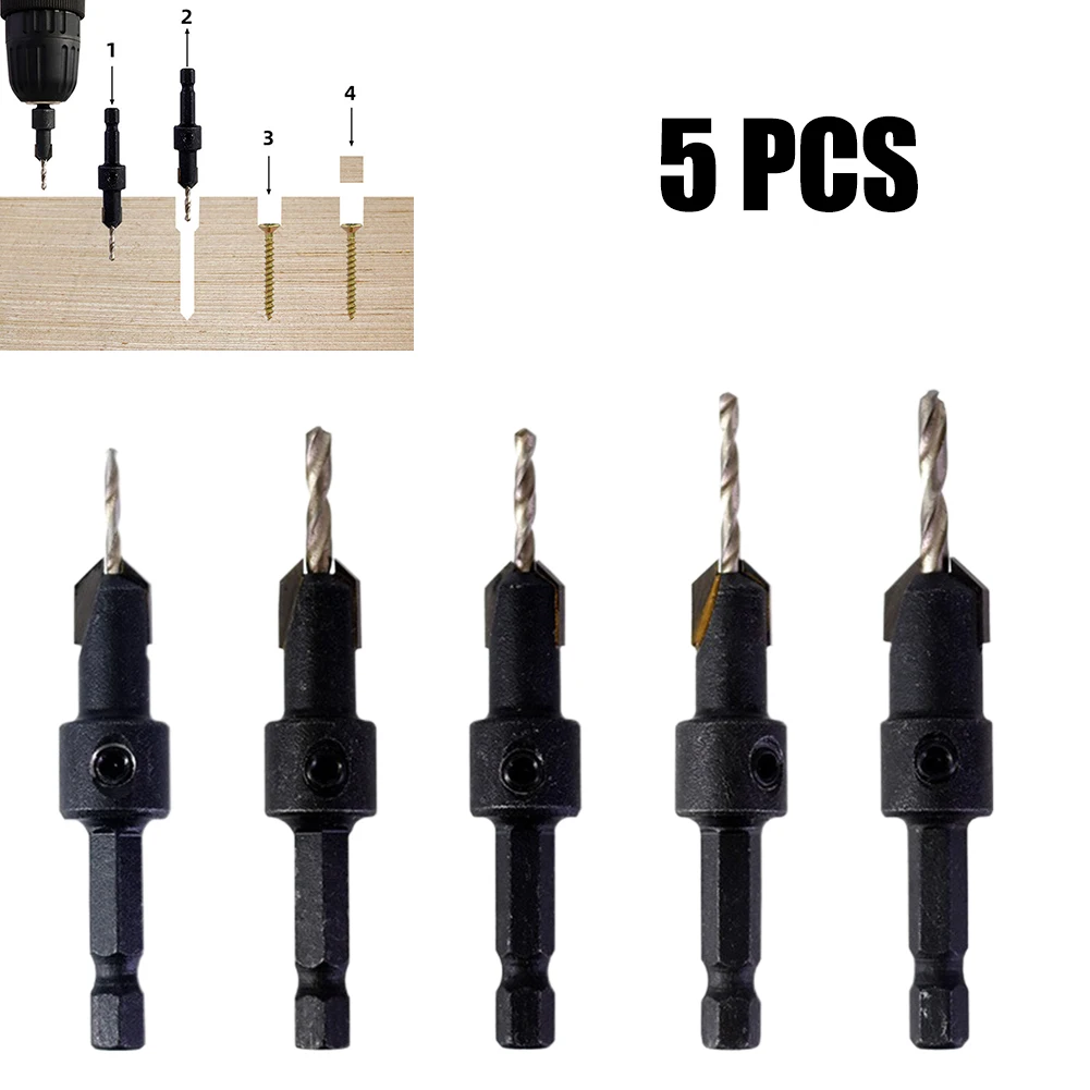 

5Pcs Countersink Drill Bit Salad Step 6.35mm Hex Shank 2/2.5/2.8/3.25/3.5mm Head For Woodworking Construction Hole Drilling Tool