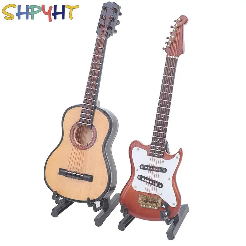 

Miniature Guitar Model 1/6 Dollhouse Miniature Wooden Electric Guitar With Stand Model Instrument Toy 1 PC