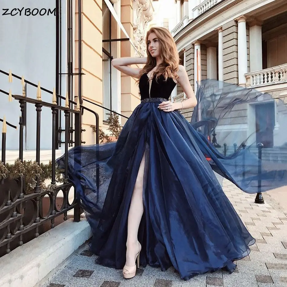 

Elegant Navy Blue Sleeveless Formal Evening Dresses 2023 Deep V-Neck Side Split Floor Length Prom Gowns For Women Robe De Soirée