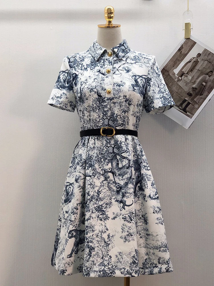 

Designer Retro Jungle Animal Print Lapel Pullover Tie Waist Short Sleeve Dress Women's Summer New Fashion Loose Swing Puff Skirt