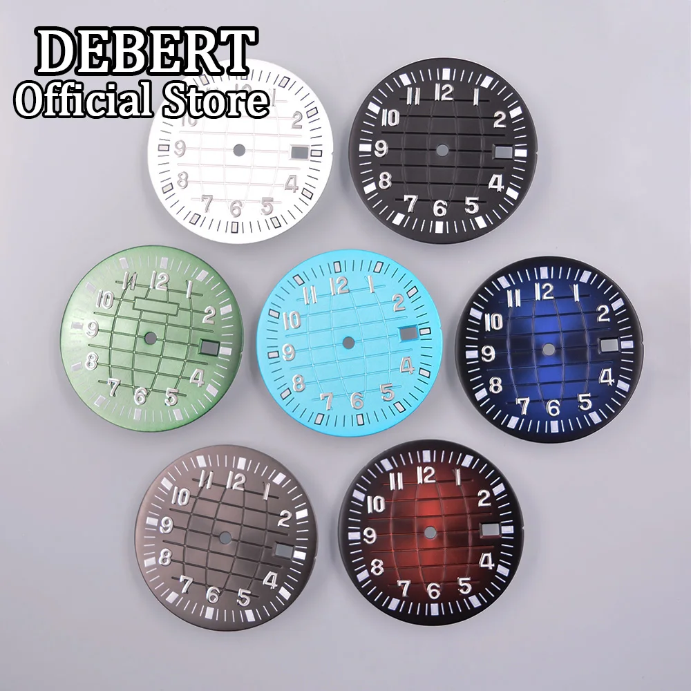 

Циферблат для часов DEBERT, 33 мм, светящиеся аксессуары для часов NH35, часовые части с датой, окошком, узором заземления, 7-цветный циферблат