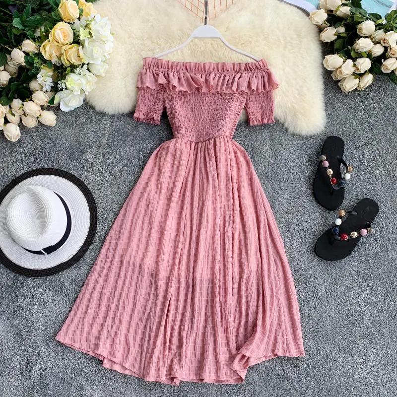 

korean Women Summer Dresses Plaid Slash Neck Shouder Solid Ruffles A-line High Waist Dress