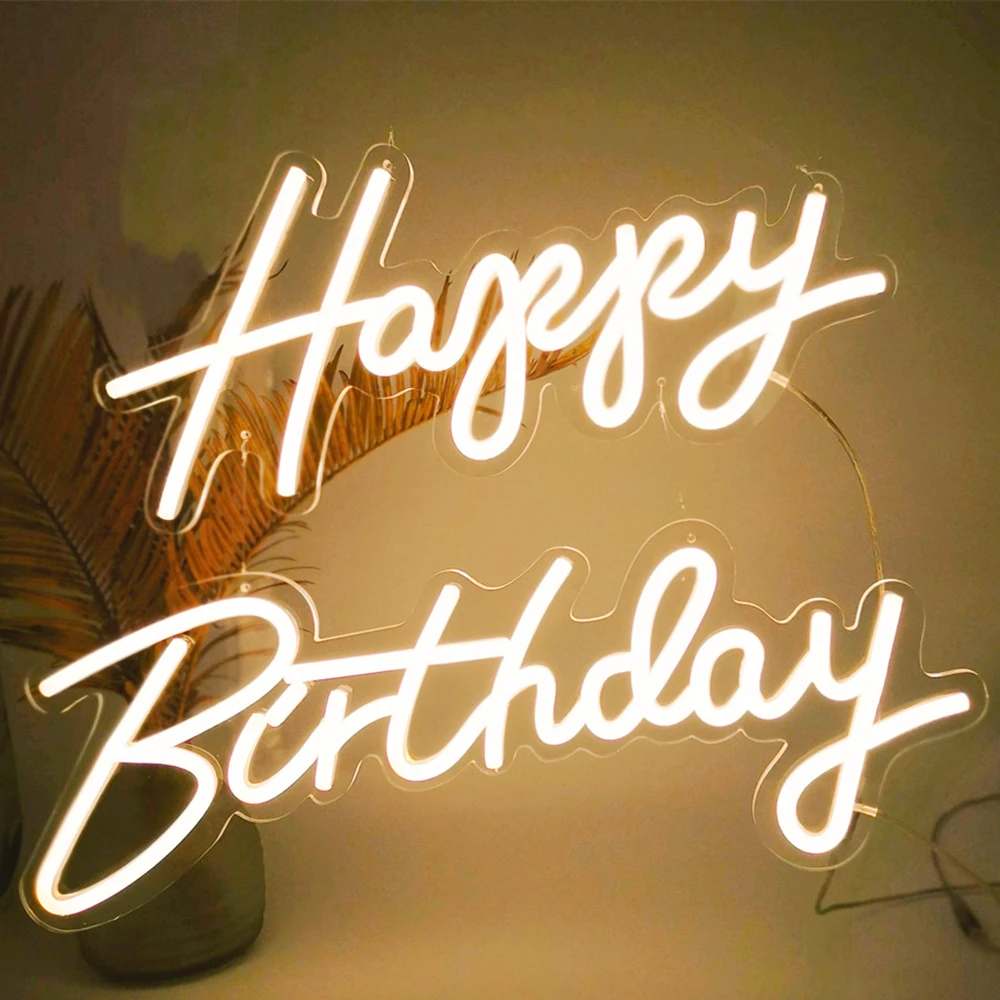 Happy Birthday Neon Sign 56x40cm Birthday Party Led Light Sign Dimmable Flexible Neon with Clear Acrylic Backer Wall Sign Lights