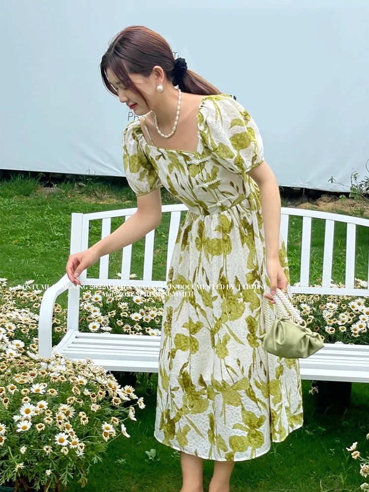 

Dresses For Women 2022 Luxury Designer Pearl Buttons Chiffon Printed Female Long Dress Classical Oil Painting Green Dress
