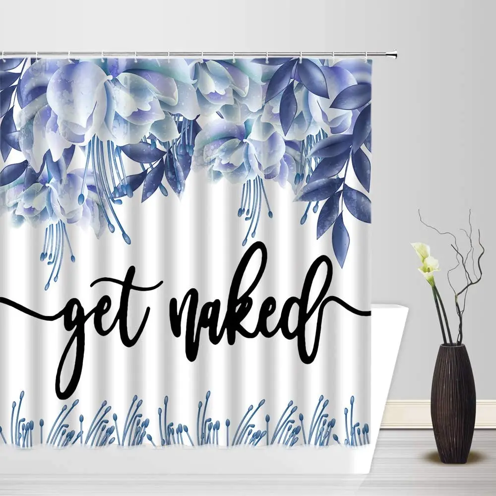 

Flower Get Naked Shower Curtain Blooming Watercolor Floral Plant Nature Scenery Bathroom Waterproof Cloth Bath Curtain with Hook