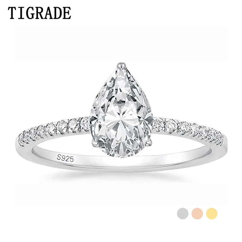 Tigrade 2CT 925 Sterling Silver Engagement Rings Pear Cut 5A+ Cubic Zirconia CZ Wedding Promise for Her Stunning Teardrop |