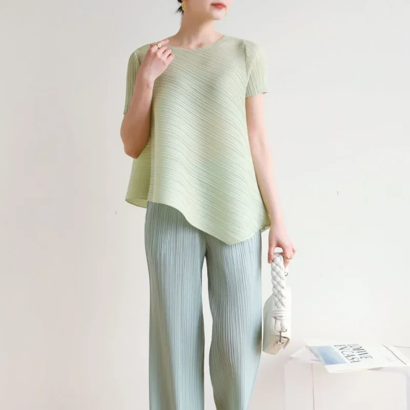 Асимметричная модная женская футболка ALSEY Miyake с коротким рукавом Новинка лета 2024