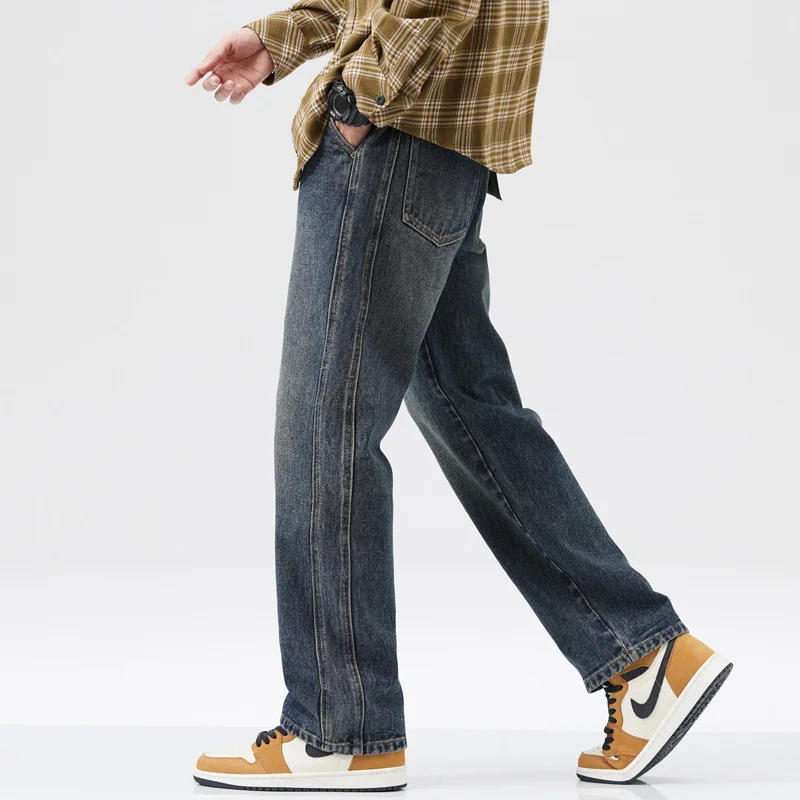 Retro Straight Wide Leg Jeans Men Loose Casual Autumn All-match Trousers Korean Fashion Streetwear Ins Hot Selling Men Clothing