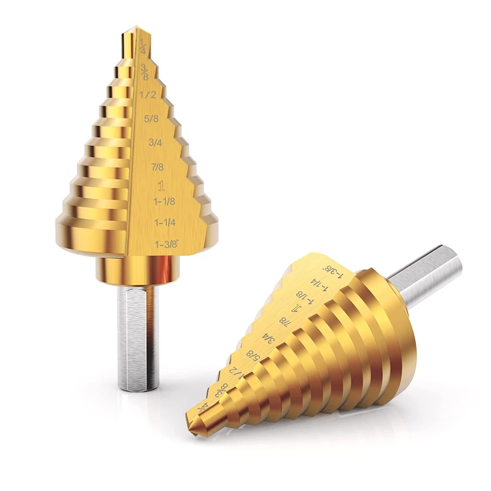 

2 Pcs, 1/4 Inch to 1-3/8 Inch Step Drill Bits for Metal, High Speed Steel Titanium Coated Stepping Bit,for Wood