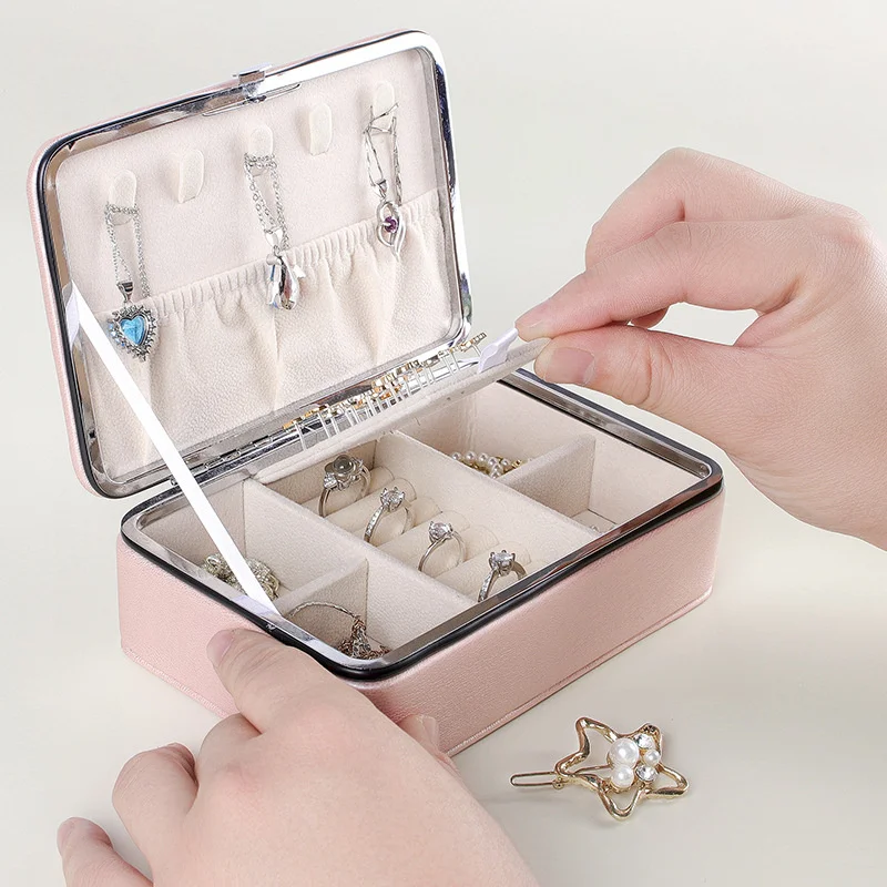Fashion Girls Womens Jewelry Box Multifunctional PU metal frame necklace earring ring jewellery storage box Jewelry organizador