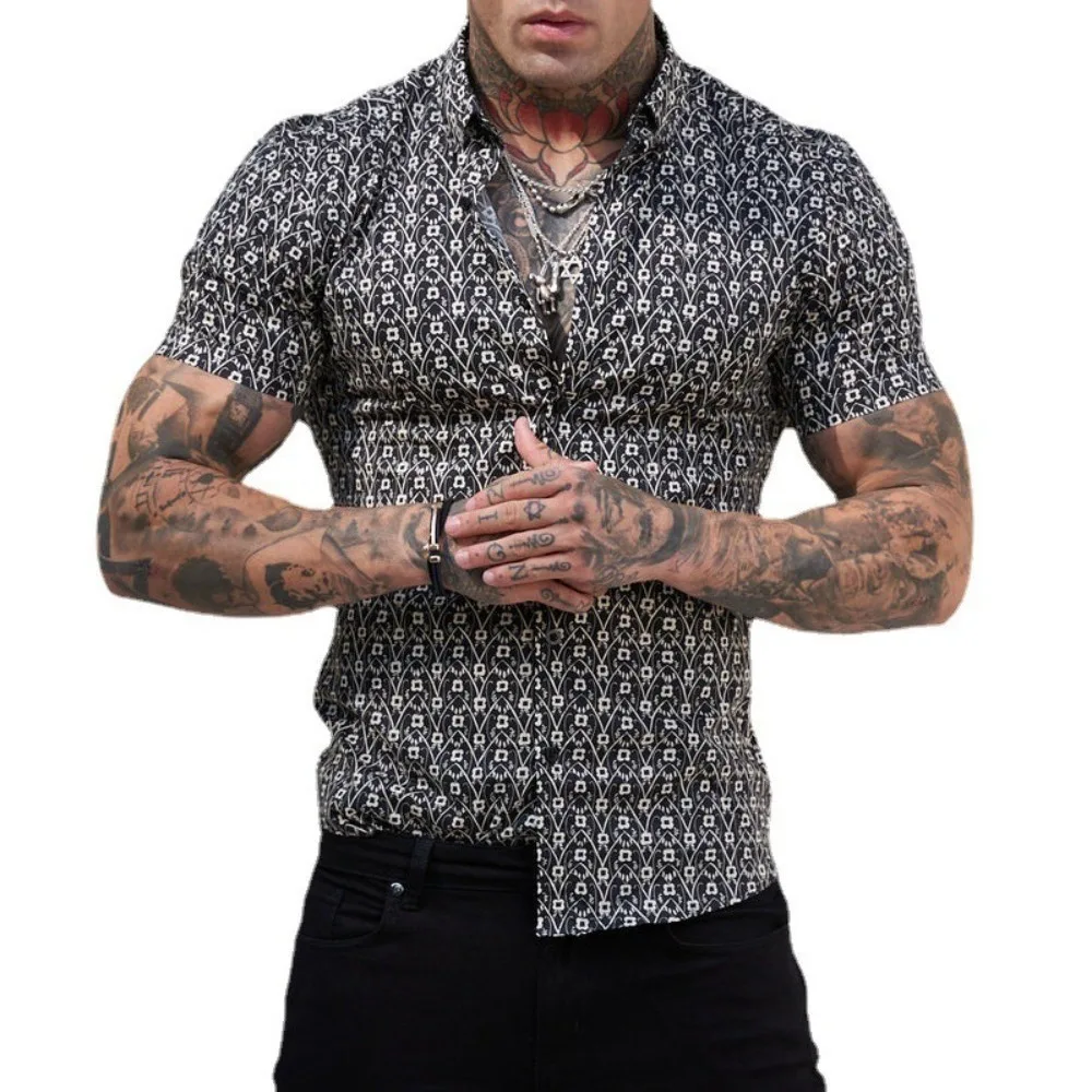 

Men's Summer Casual Tops Slim Slim Fashion Short Sleeves Vacation Light Luxury Printed Men's Shirts